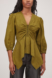 Proenza Schouler White Label Tops Plaid Poplin Puff Sleeve Top in Olive/Black
