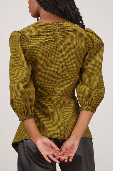 Proenza Schouler White Label Tops Plaid Poplin Puff Sleeve Top in Olive/Black