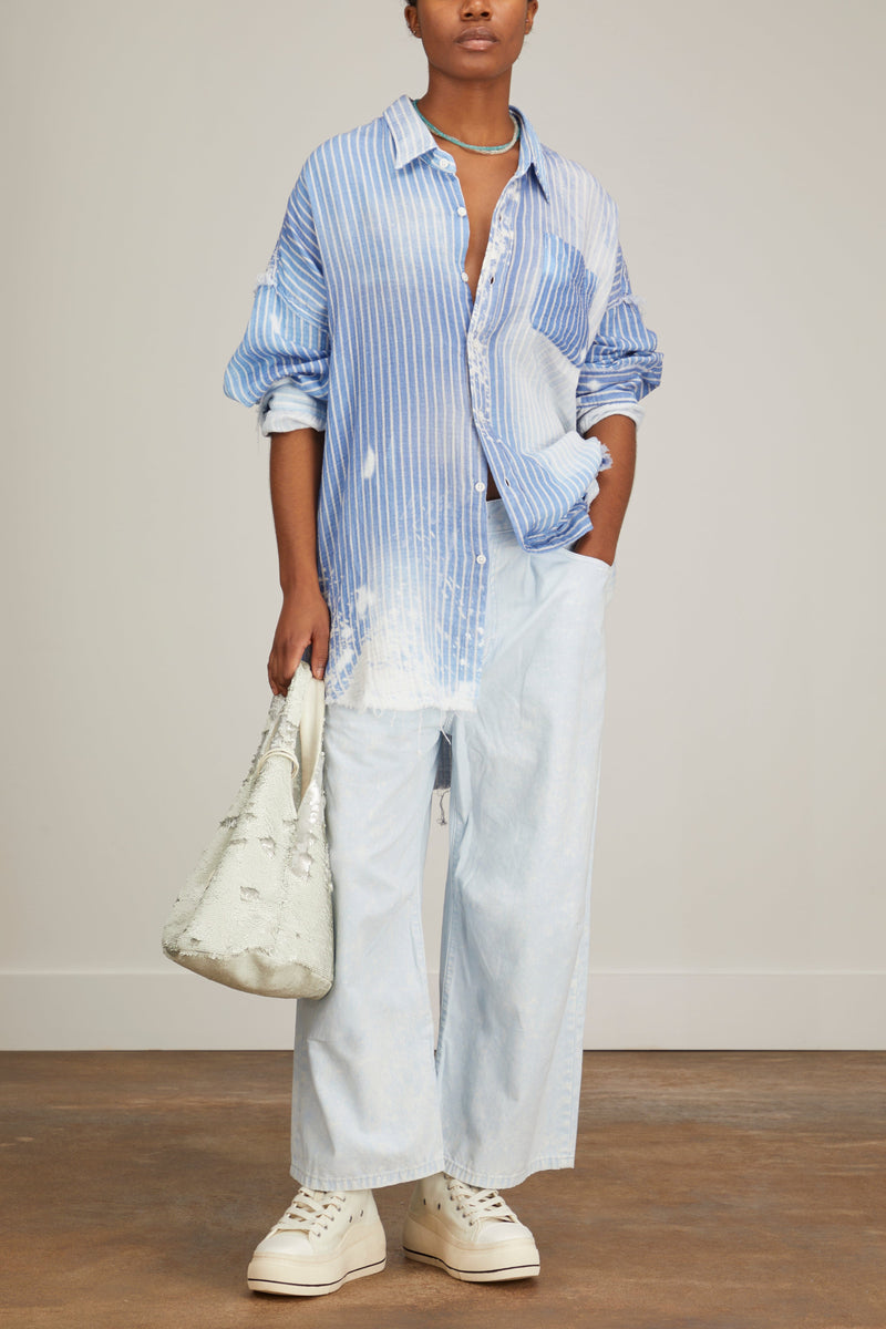 R13 Shredded Seam Drop Neck Shirt in Bleached Blue Stripe