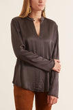 Raquel Allegra Tops Crepe Back Satin Split Front Blouse in Slate Raquel Allegra Crepe Back Satin Split Front Blouse in Slate
