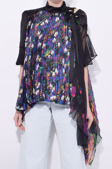 Sacai Clothing Flower Print Satin Pleated Top in Black
