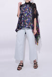 Sacai Clothing Flower Print Satin Pleated Top in Black