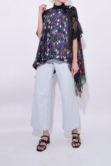 Sacai Clothing Flower Print Satin Pleated Top in Black