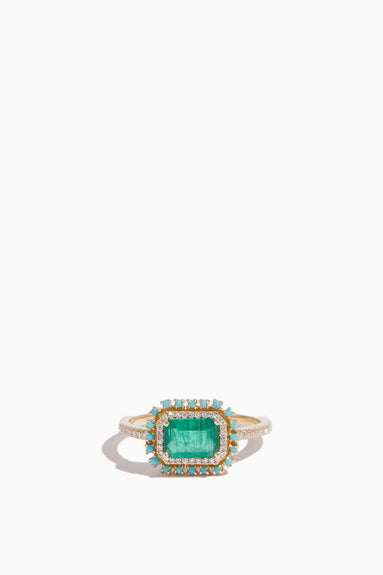 Samira 13 Rings East West Emerald Diamond and Turquoise Halo Ring Samira 13 East West Emerald Diamond and Turquoise Halo Ring