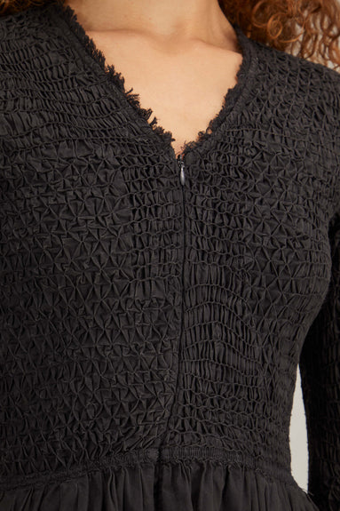 Sea Dresses Casey Hand Smocked Long Sleeve Zip Front Dress in Black