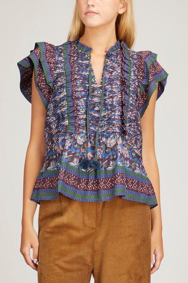 Sea Tops Noah Print Flutter Sleeve Pintucked Top in Navy