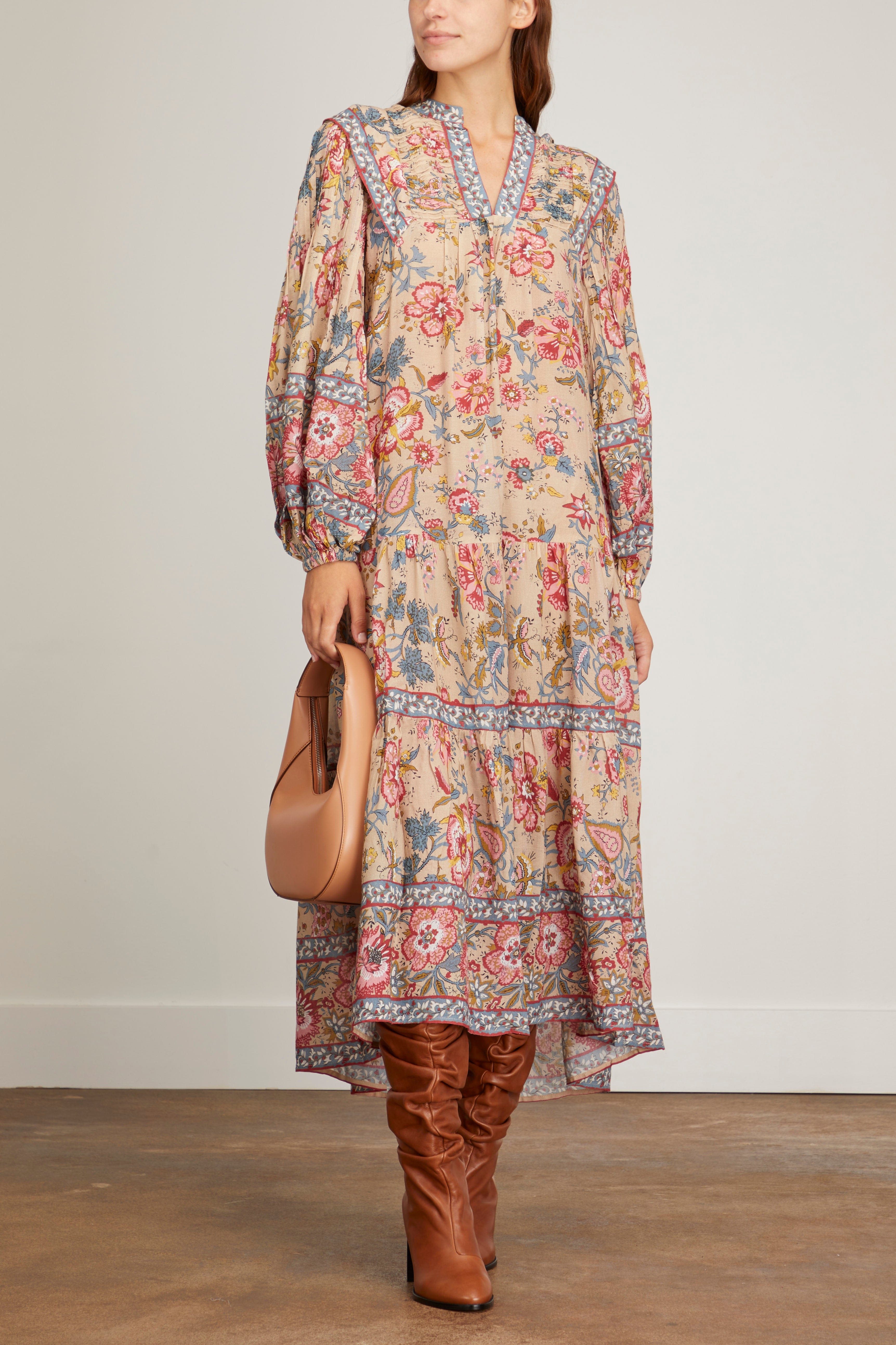 Sea Dresses Tess Print Long Sleeve Pintucked Dress in Cream