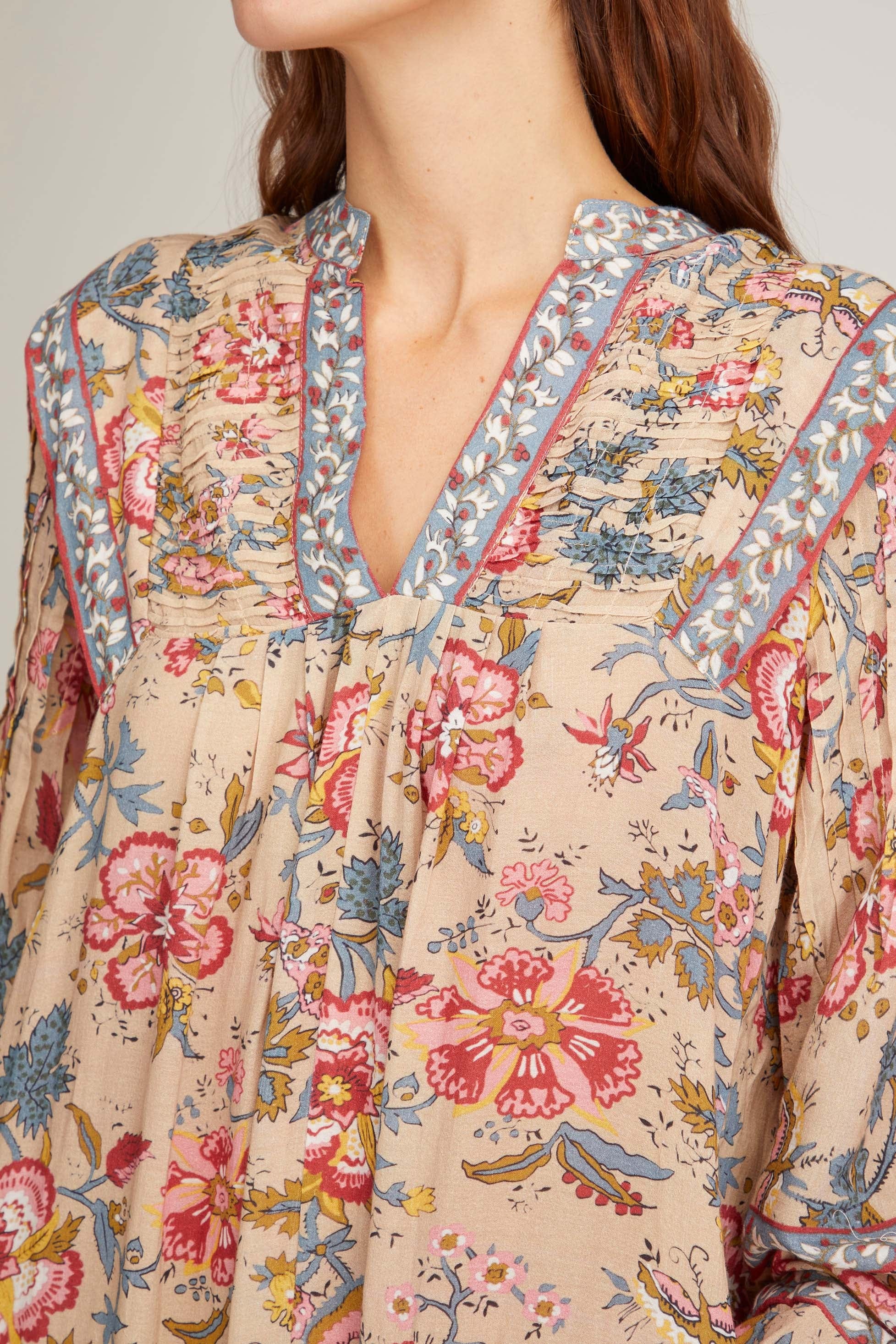 Sea Dresses Tess Print Long Sleeve Pintucked Dress in Cream