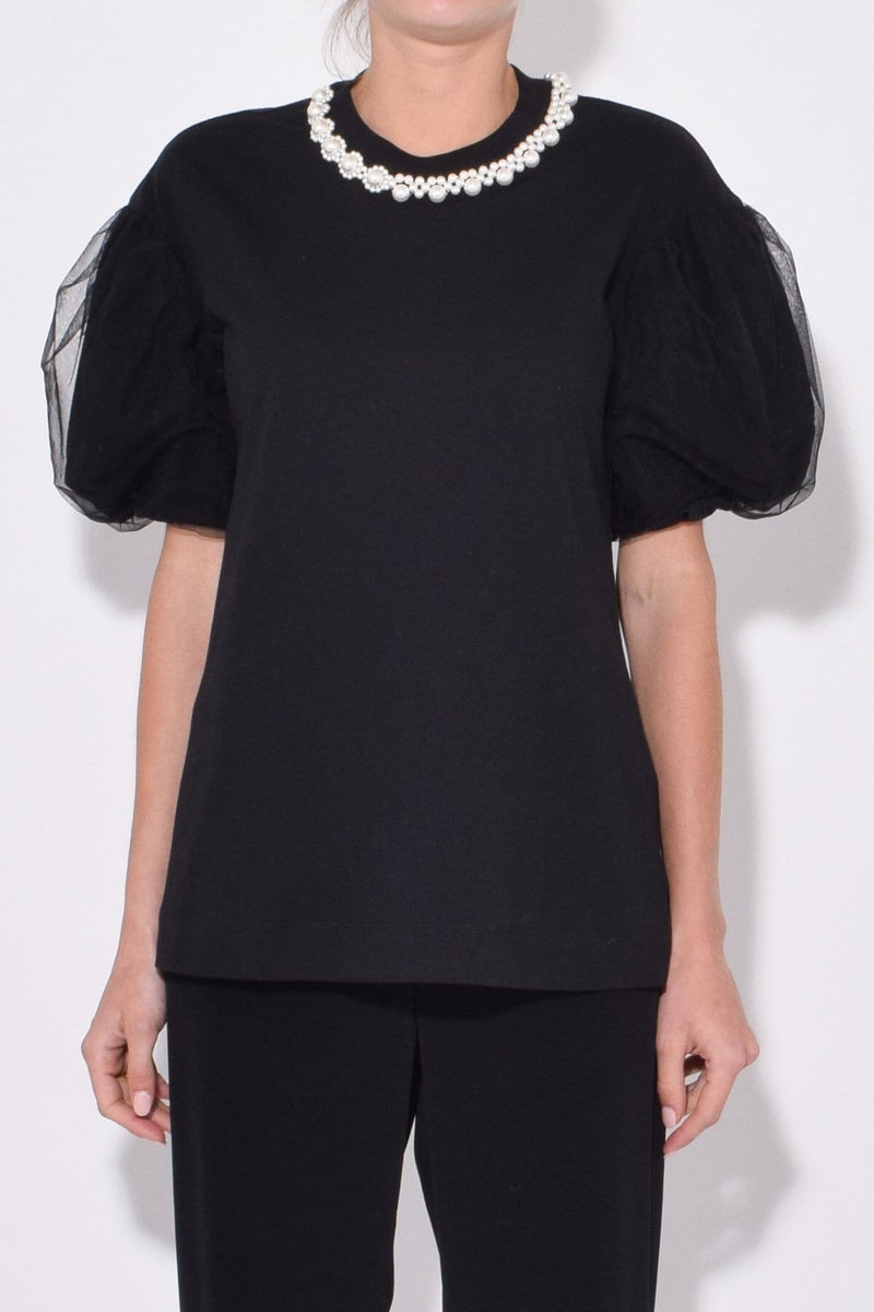 Beaded T Shirt With Tulle Puff Sleeve in Black Pearl Hampden