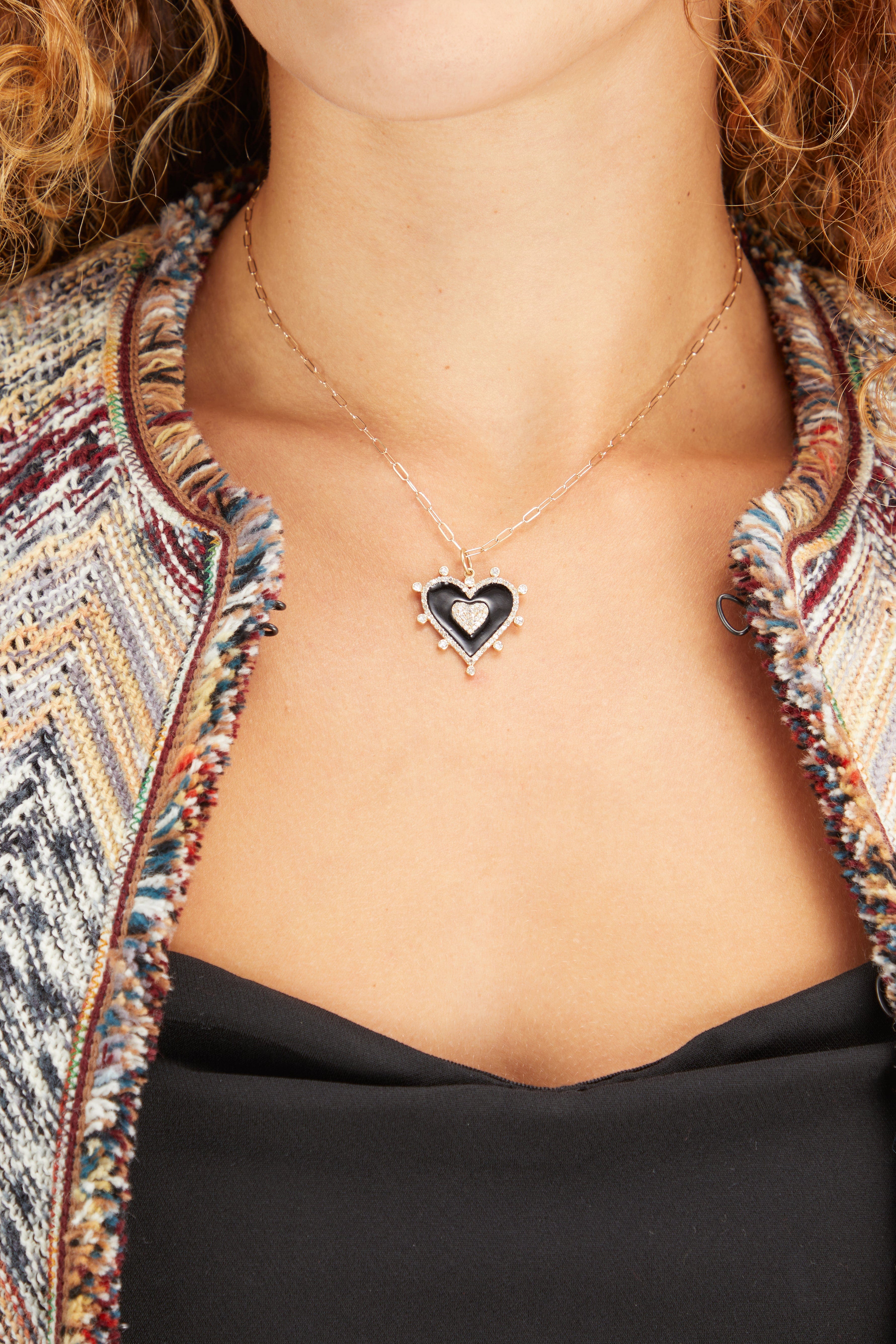 Theodosia Necklaces Black Enamel and Diamond Heart Pendant