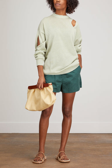 Tibi Shorts Cotton Linen Sateen Pull On Short in Carson Green