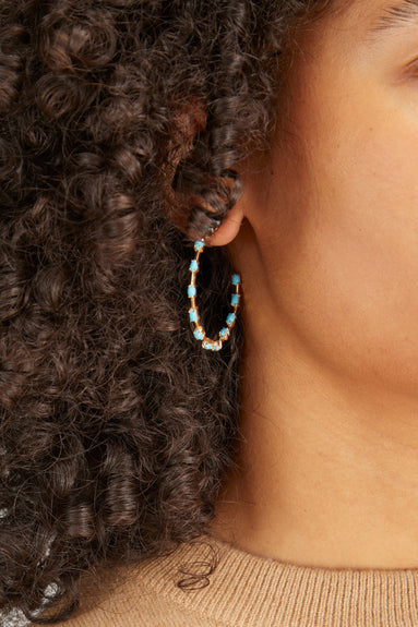Vintage La Rose Earrings Station Turquoise Stone Hoops in 14k Yellow Gold