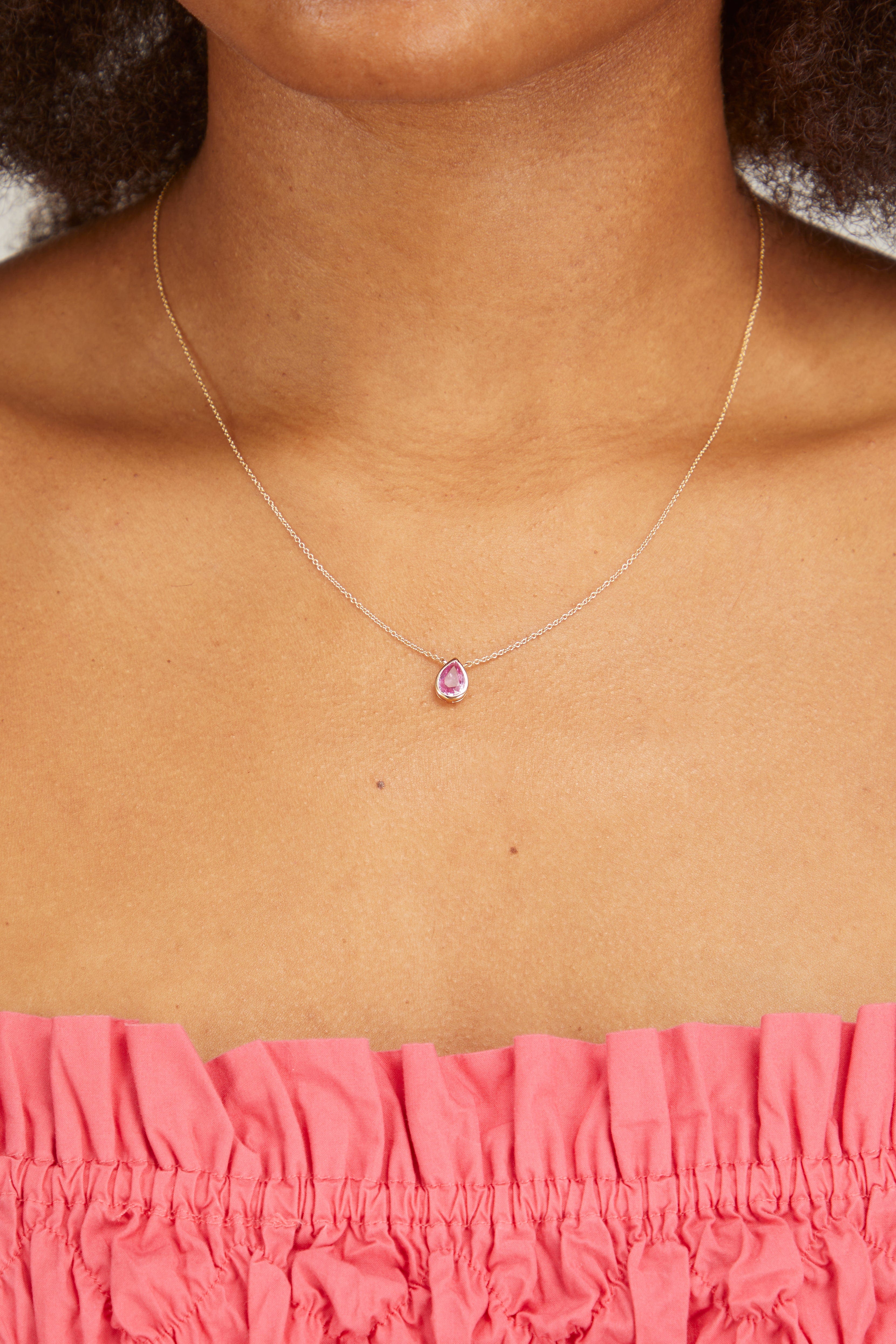 Vintage La Rose Necklaces Pink Sapphire Pear Bezel Necklace in 14K Yellow Gold
