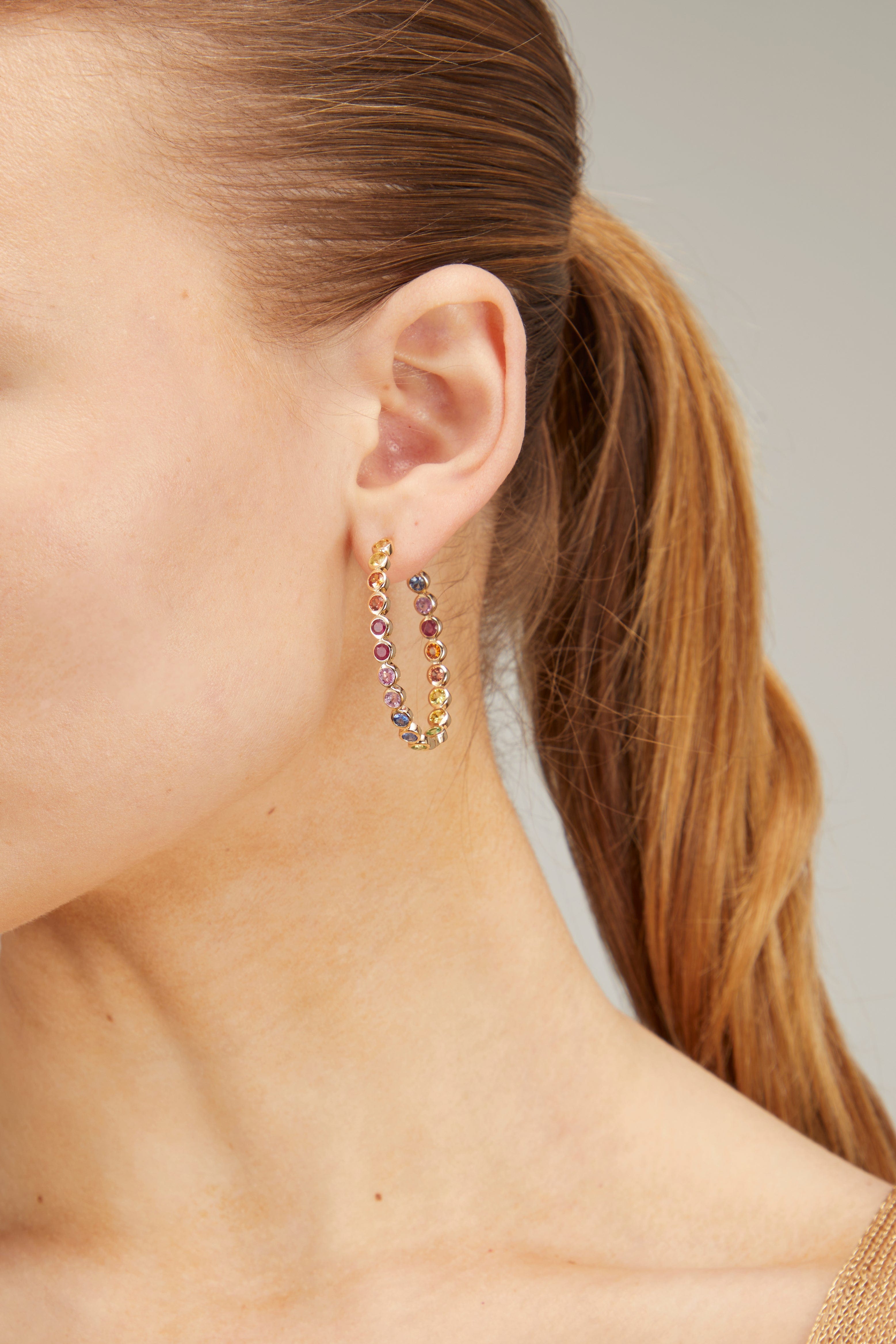 Vintage La Rose Earrings Rainbow Sapphire Bezel Hoops in 14k Yellow Gold
