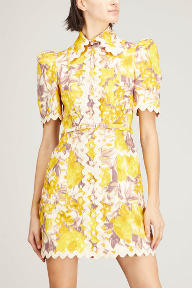 Zimmermann Dresses High Tide Ric Rac Mini Dress in Yellow Ikat Floral