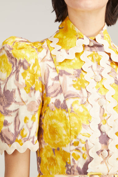 Zimmermann Dresses High Tide Ric Rac Mini Dress in Yellow Ikat Floral